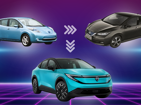 Image of different versions of the Nissan LEAF throughout its history.