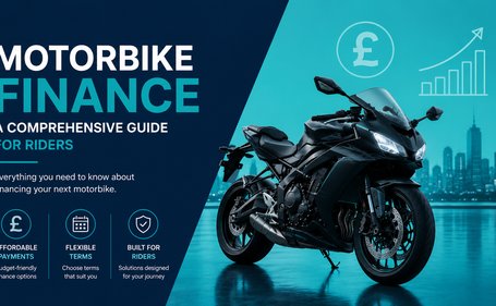 A black sportsbike on a reflective surface against a teal city skyline backdrop, alongside the text 'Motorbike Finance: A Comprehensive Guide for Riders' with icons highlighting affordable payments, flexible terms, and rider-focused solutions.