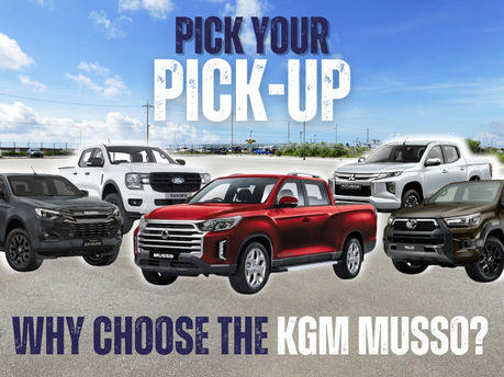 Image of various pick-up trucks with text that says "Pick Your Pick-Up: Why choose the KGM Musso?"