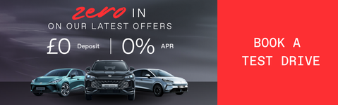Image of MG Cars with "Zero in on our latest offers" text as well as £0 deposit with 0% APR offer.