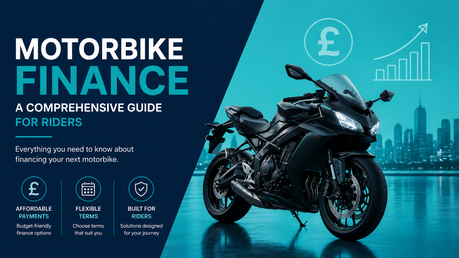 A black sportsbike on a reflective surface against a teal city skyline backdrop, alongside the text 'Motorbike Finance: A Comprehensive Guide for Riders' with icons highlighting affordable payments, flexible terms, and rider-focused solutions.