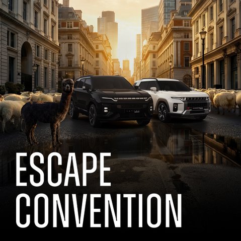 Image of KGM cars in city surrounded by sheep and a llama with "Escape Convention" text.