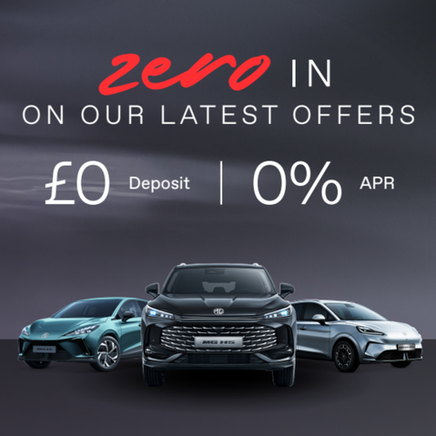 Image of MG Cars with "Zero in on our latest offers" text as well as £0 deposit with 0% APR offer.