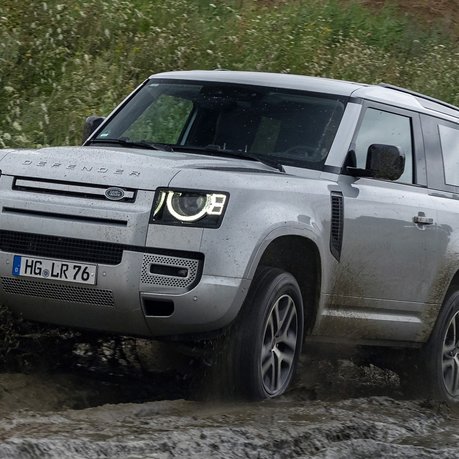 A German-registered Land Rover Defender 90 showing how it goes off road.