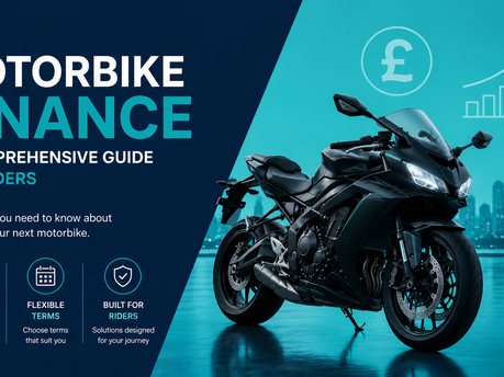 A black sportsbike on a reflective surface against a teal city skyline backdrop, alongside the text 'Motorbike Finance: A Comprehensive Guide for Riders' with icons highlighting affordable payments, flexible terms, and rider-focused solutions.