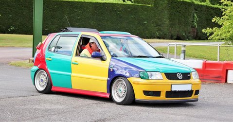 Colourful Volkswagen Polo Harlequin on display at Simply VW 2025, Beaulieu Motor Museum.