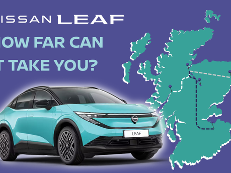 Image of Nissan Leaf with map of Scotland behind.