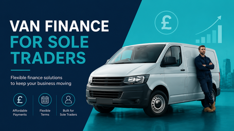 A sole trader leaning against a white panel van alongside the text "Van Finance for Sole Traders" in navy and teal.