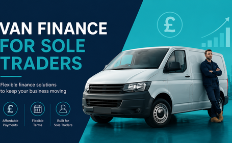 A sole trader leaning against a white panel van alongside the text "Van Finance for Sole Traders" in navy and teal.