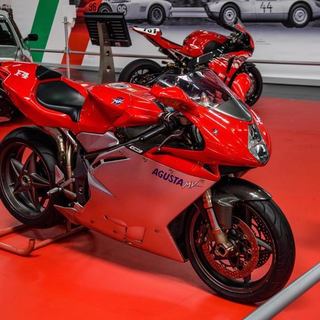 An MV Augusta on display at a trade show event.