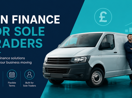 A sole trader leaning against a white panel van alongside the text "Van Finance for Sole Traders" in navy and teal.